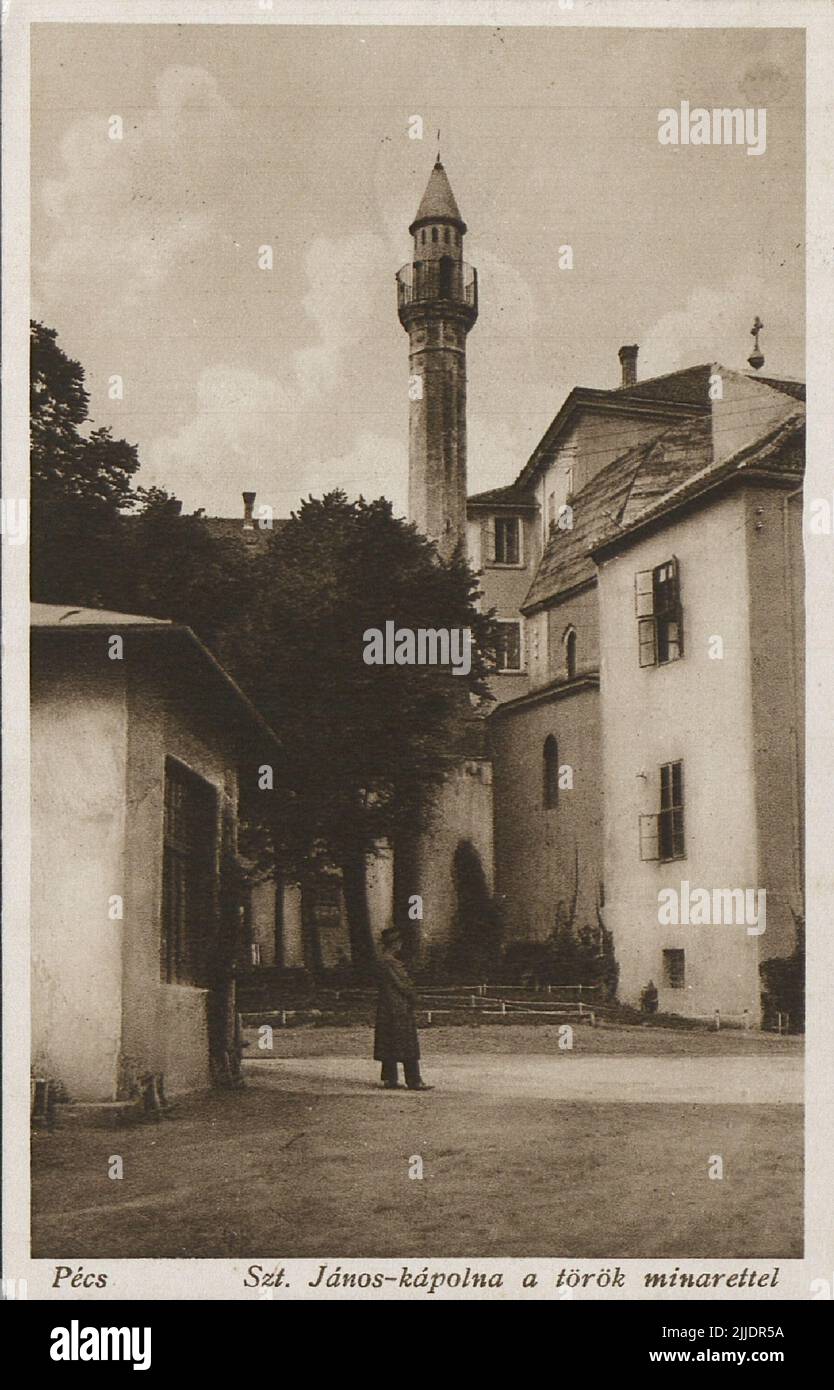 St. John's Chapel with the Turkish Minaretel. Saint John (the Apostle) Chapel and the Turkish minaret. The Local History Collection of Csorba Gyz Könyvtár Library has been collecting photos and postcards related to Baranya County since January 1966. According to the data updated on 1st February 2016, the collection consists of 11,565 copies. As the result of the digitisation project that started in 2012, the Collection includes about 59,000 black-and-white and coloured records of different sizes and types, which are searchable through the electronic catalogue. The famous postcard collector Tib Stock Photo
