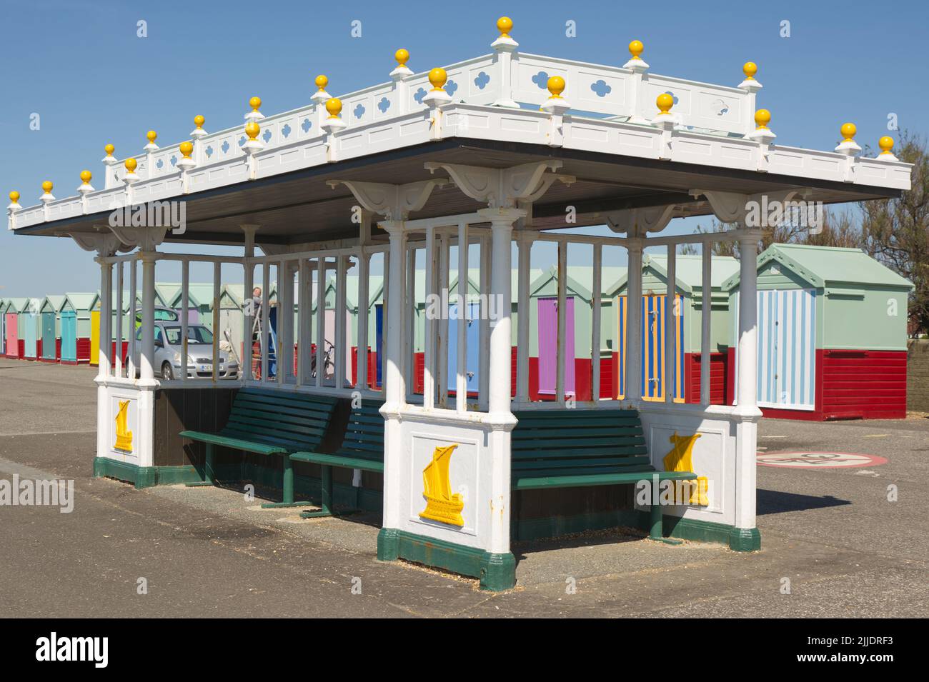 Shelter with bench seating on the seafront promenade at Hove, Brighton, East Sussex, England Stock Photo