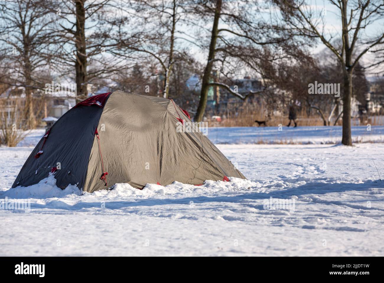 wild camping in the wintry Alsterpark in Hamburg Stock Photo