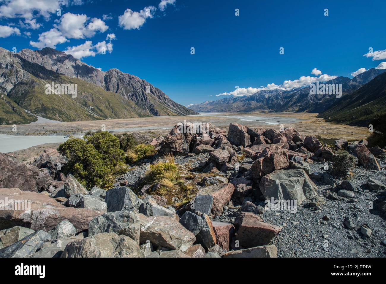 Tasman Glacier Valley in the Southern Alps of New Zealand in the Mount Cook (Aoraki) National Park, South Island Stock Photo
