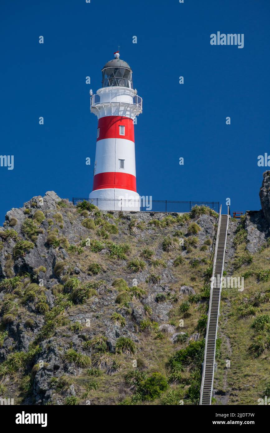Cape Palliser Lighthouse with the 252 wooden steps leading up to it. Located at Palliser Bay