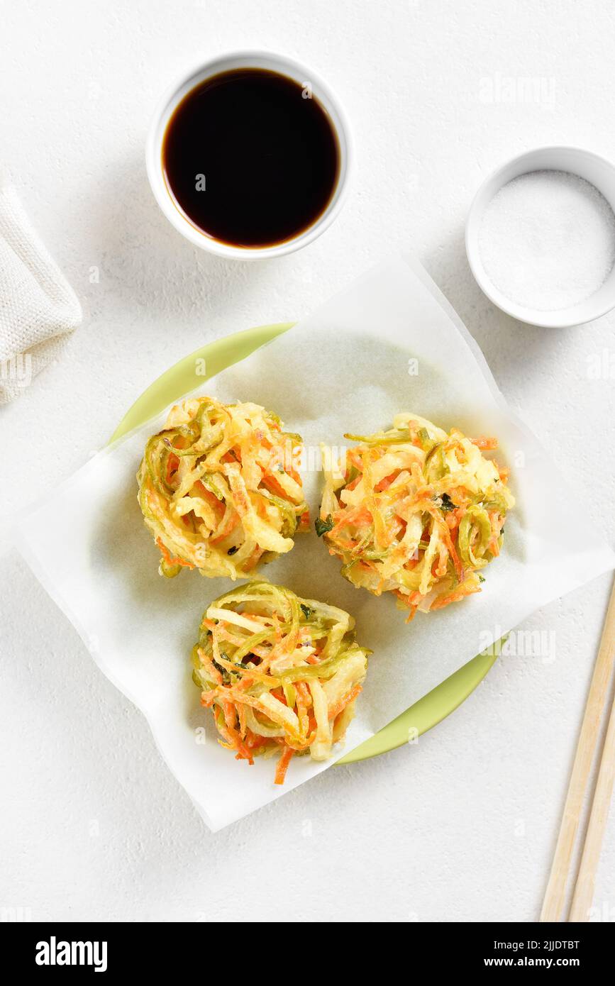 Japanese kakiage tempura. Deep fried vegetable in asian style. White