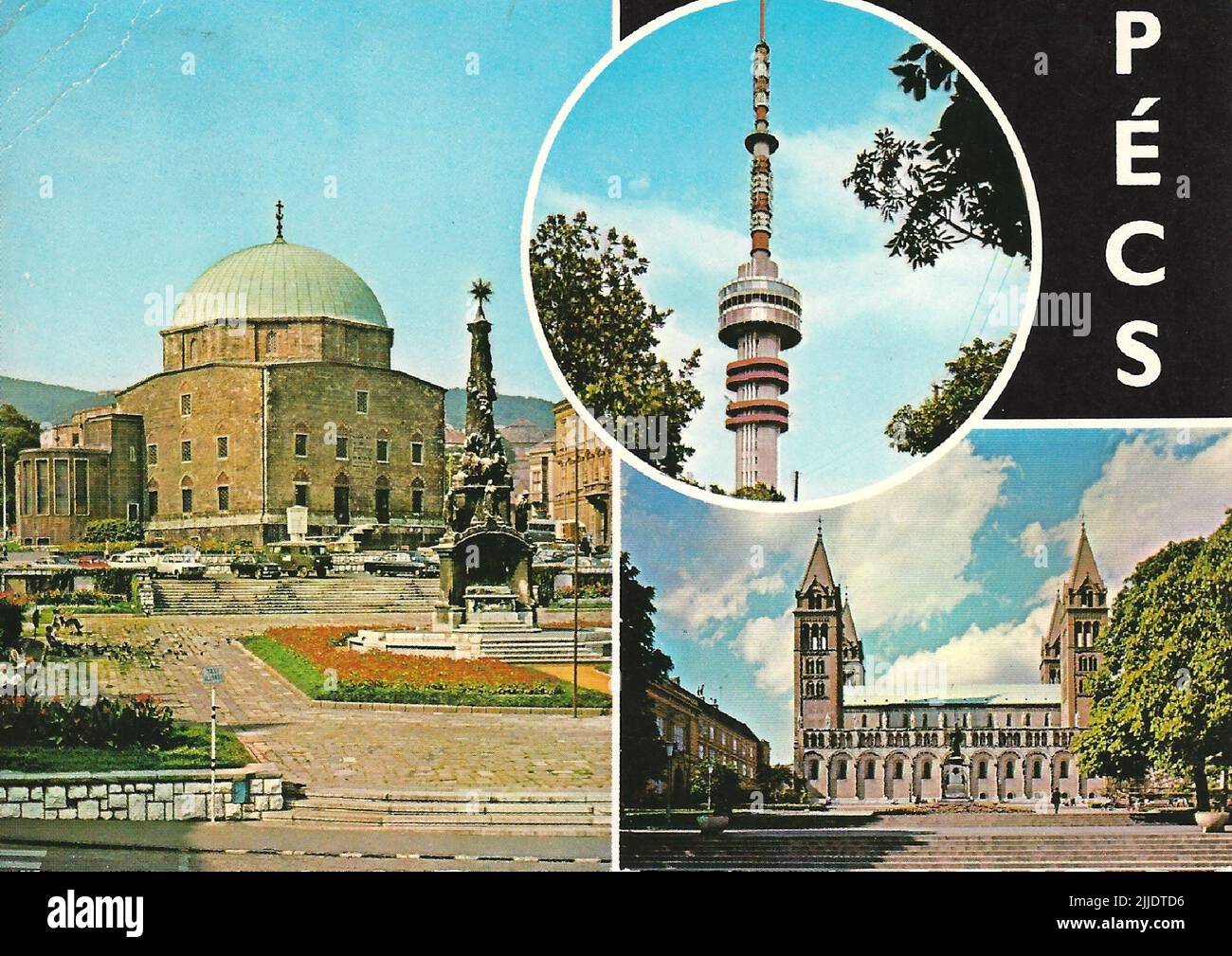 Pécs - Mosaic. Postcard of the sights of Pécs, including the Széchenyi Square, the TV tower and the Cathedral. The Local History Collection of Csorba Gyz Könyvtár Library has been collecting photos and postcards related to Baranya County since January 1966. According to the data updated on 1st February 2016, the collection consists of 11,565 copies. As the result of the digitisation project that started in 2012, the Collection includes about 59,000 black-and-white and coloured records of different sizes and types, which are searchable through the electronic catalogue. The famous postcard colle Stock Photo
