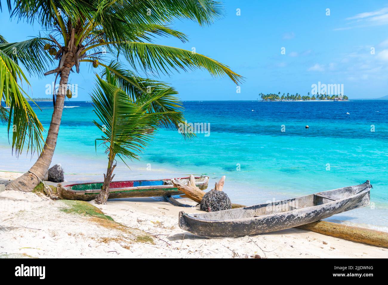 Boats on a beach in the San Blas Islands in Panama Stock Photo