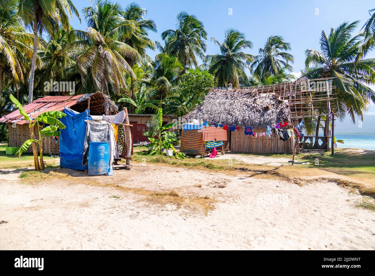 Indigenous huts on an island in the San Blas Islands in Panama Stock Photo