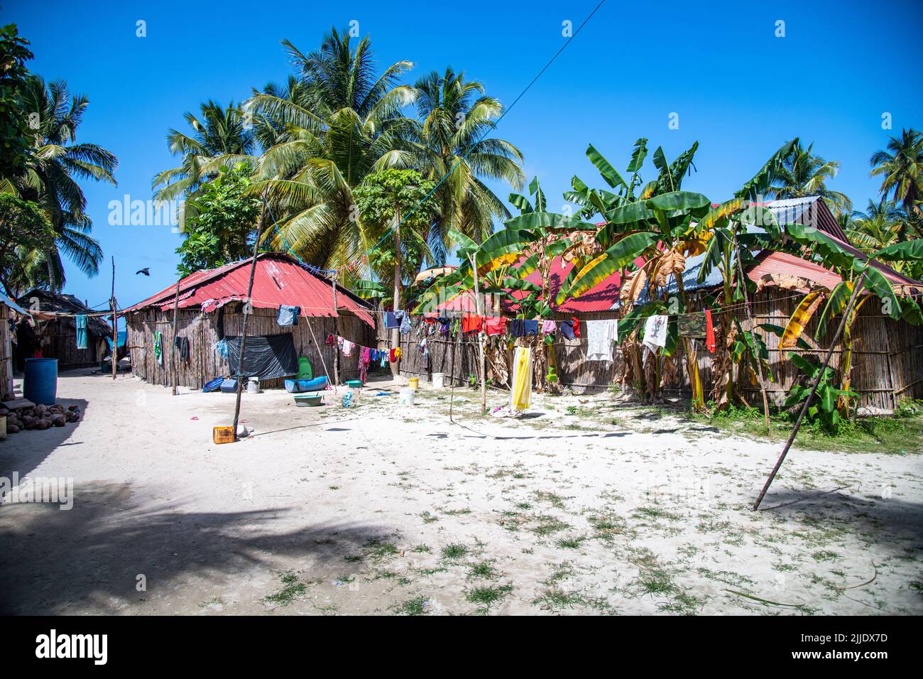Indigenous huts on an island in the San Blas Islands in Panama Stock Photo
