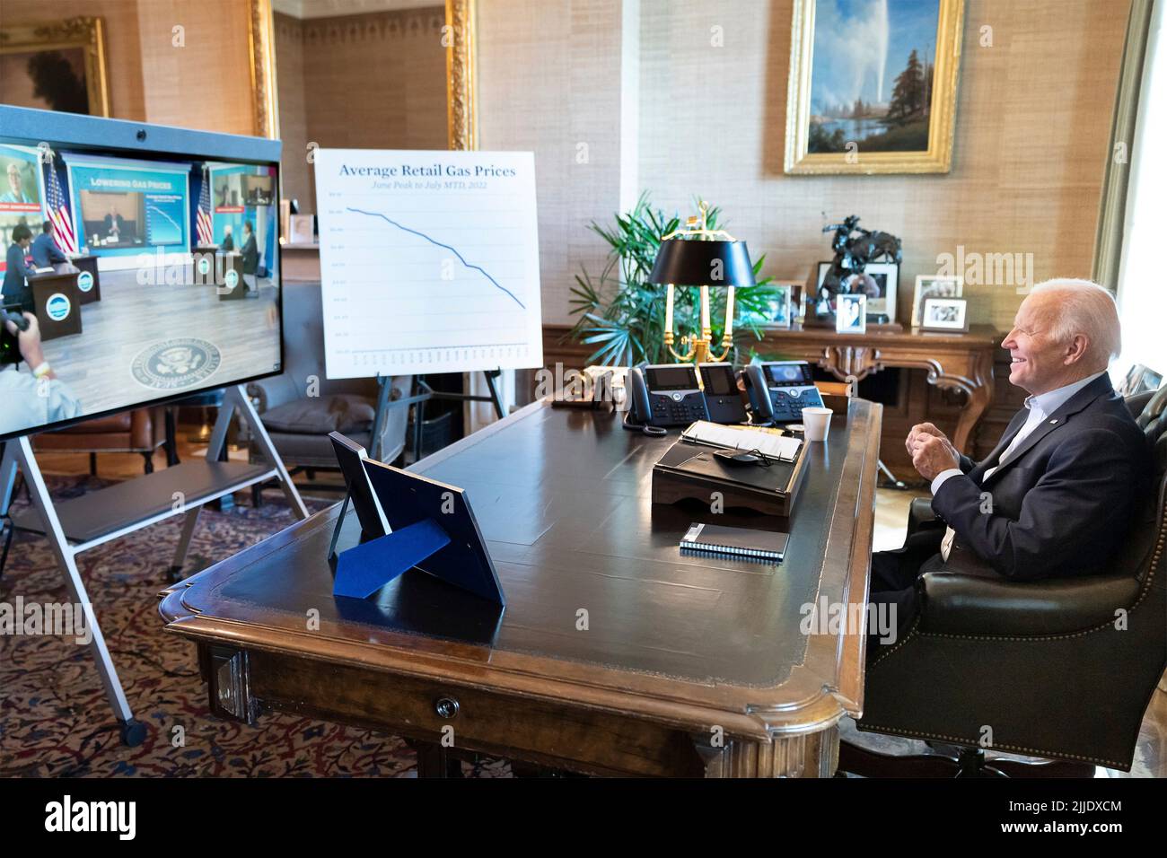 Washington, United States Of America. 22nd July, 2022. Washington, United States of America. 22 July, 2022. U.S President Joe Biden, takes part in a video conference on the drop in gasoline prices as he continues to quarantine after testing positive for COVID-19, at his private office in the residence of the White House, July 22, 2022, in Washington, DC. Credit: Adam Schultz/White House Photo/Alamy Live News Stock Photo