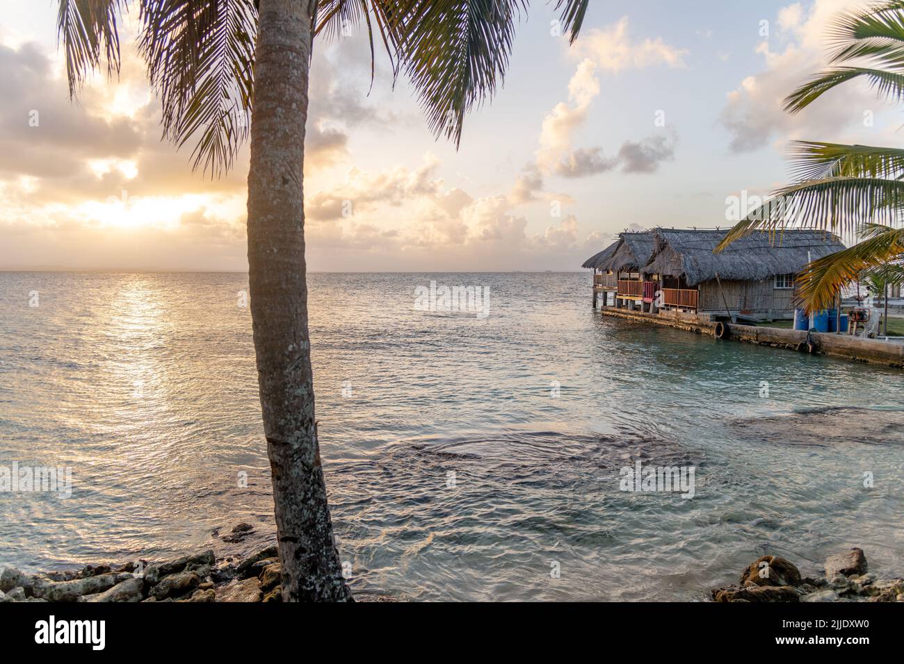 A view of the sea and a hut in the San Blas Islands in Panama Stock Photo