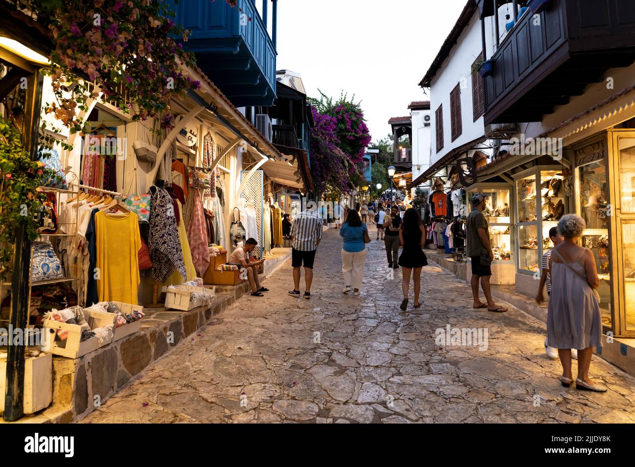 Kaş, Antalya  Turkey - 07.02.2022: Night photo of people wandering in narrow streets of Kaş. Stock Photo