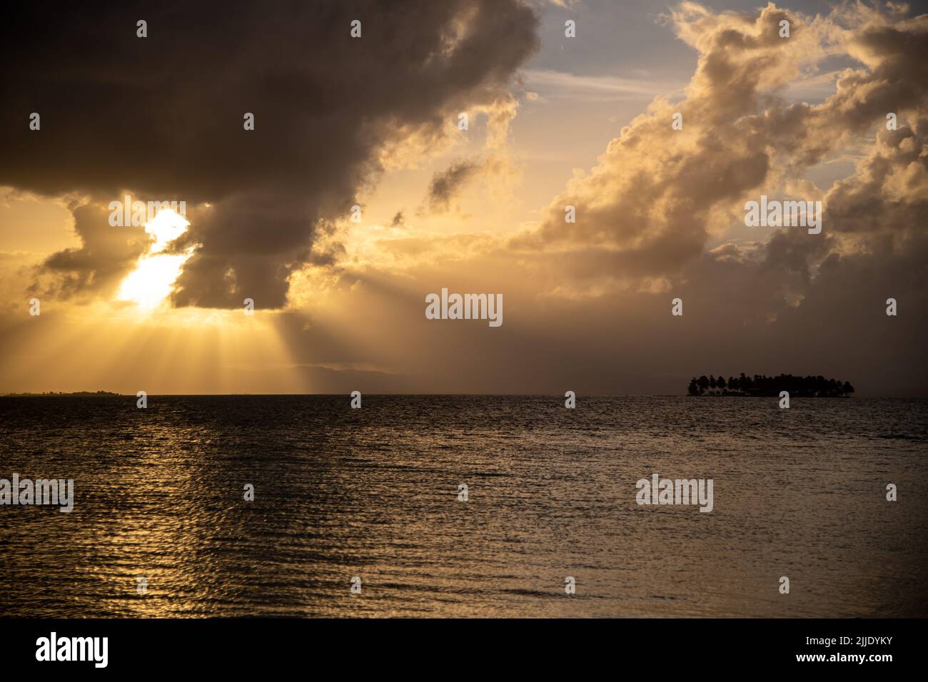 Sunset on an island in the San Blas Islands in Panama Stock Photo