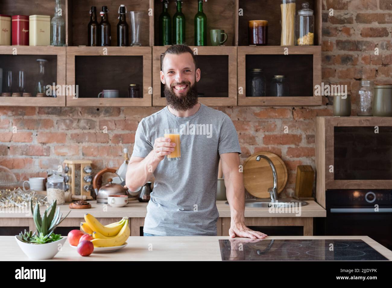 healthy food fresh fruit juice breakfast man glass Stock Photo Alamy