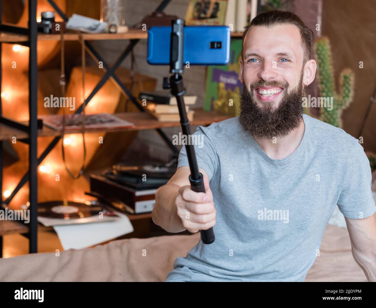 technology social media trend man selfie phone Stock Photo