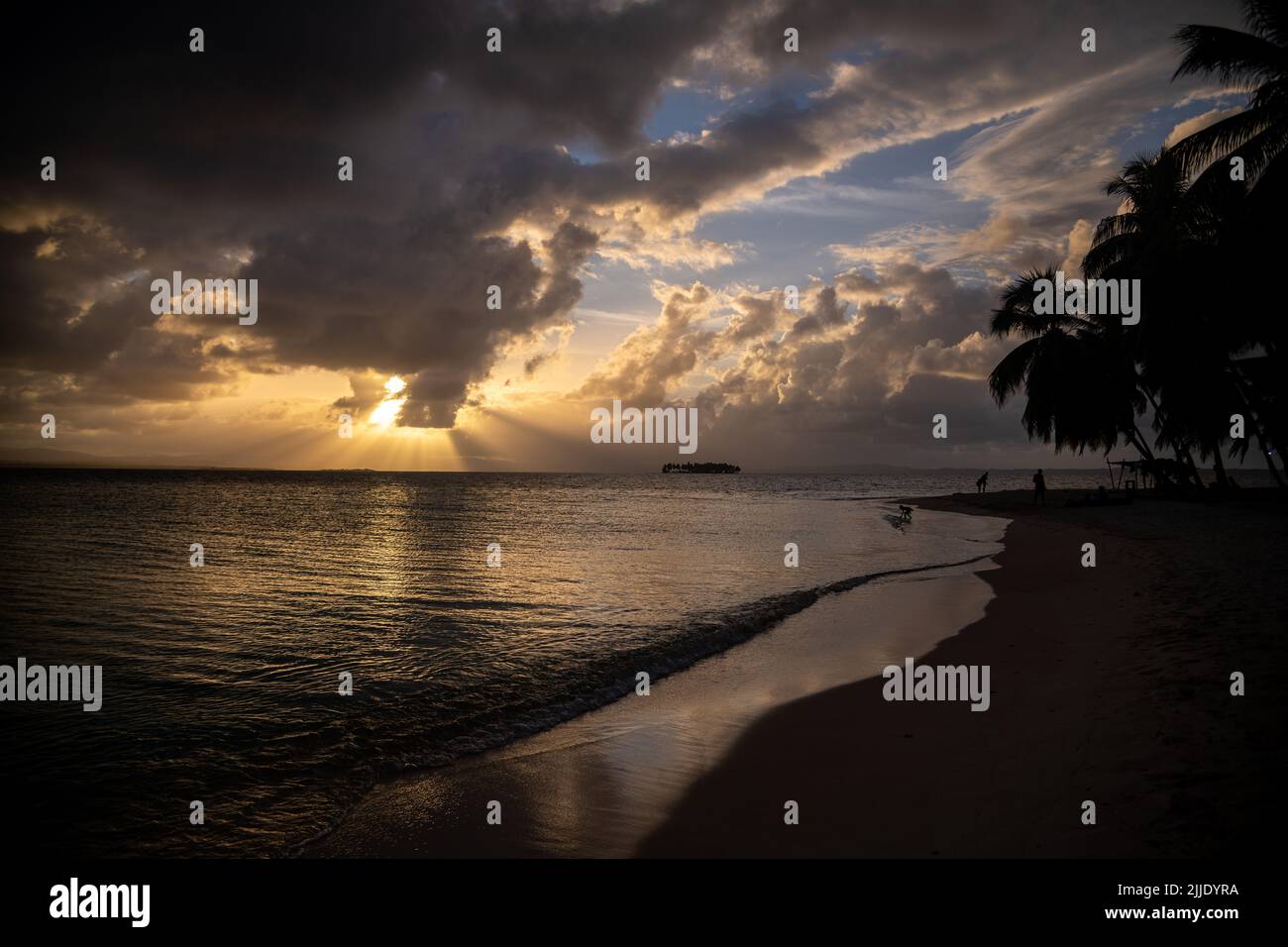 Sunset on an island in the San Blas Islands in Panama Stock Photo