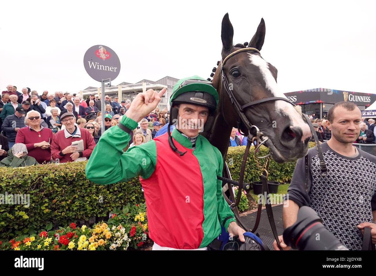 Echoes In Rain and jockey Patrick Mullins after winning the Connacht Hotel (Q.R.) Handicap during day one of the Galway Races Summer Festival 2022 at Galway Racecourse in County Galway, Republic of Ireland. Picture date: Monday July 25, 2022. Stock Photo