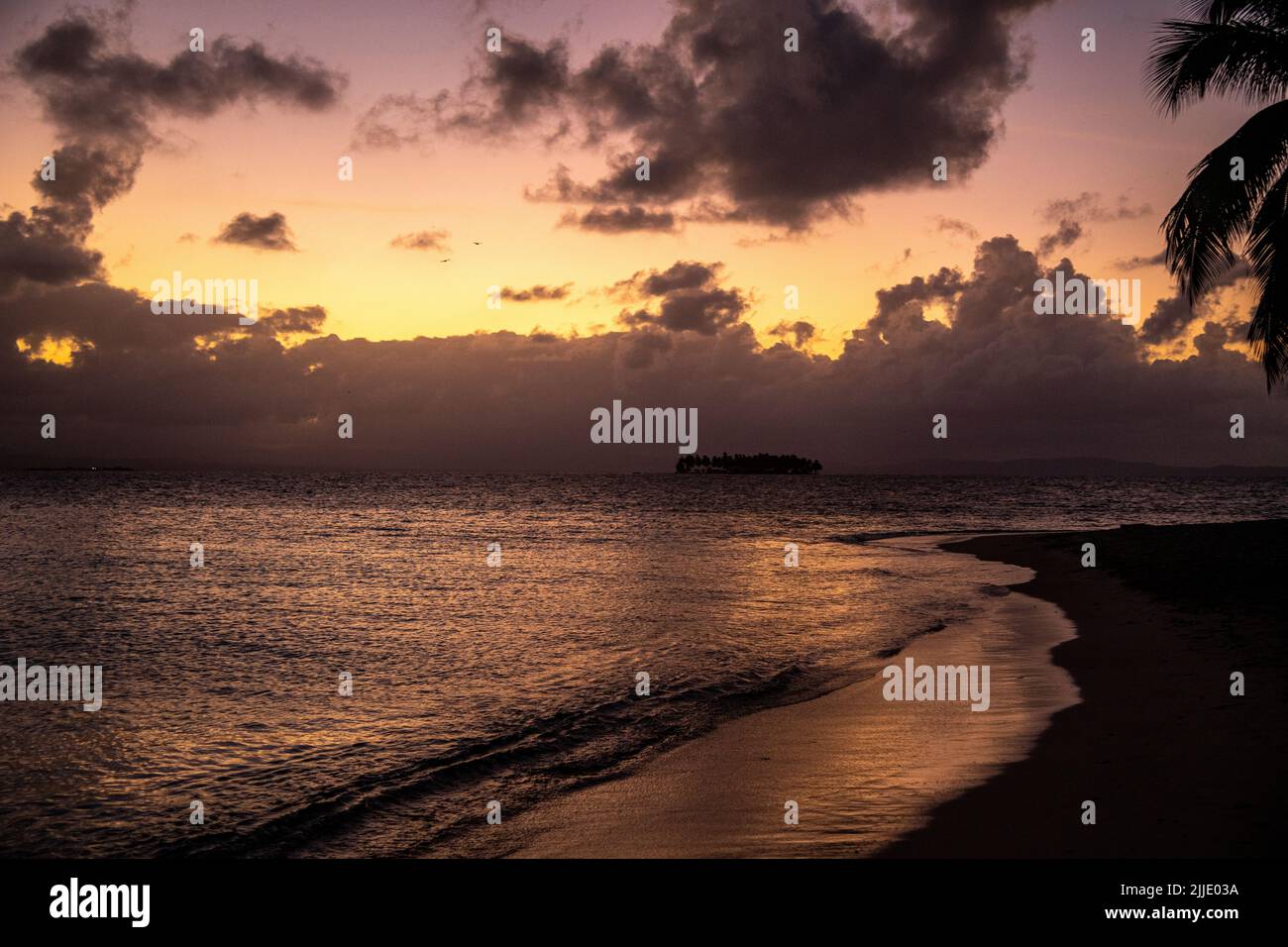 Sunset on an island in the San Blas Islands in Panama Stock Photo