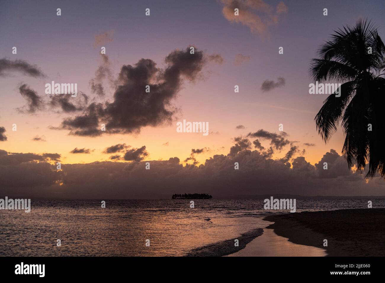 Sunset on an island in the San Blas Islands in Panama Stock Photo