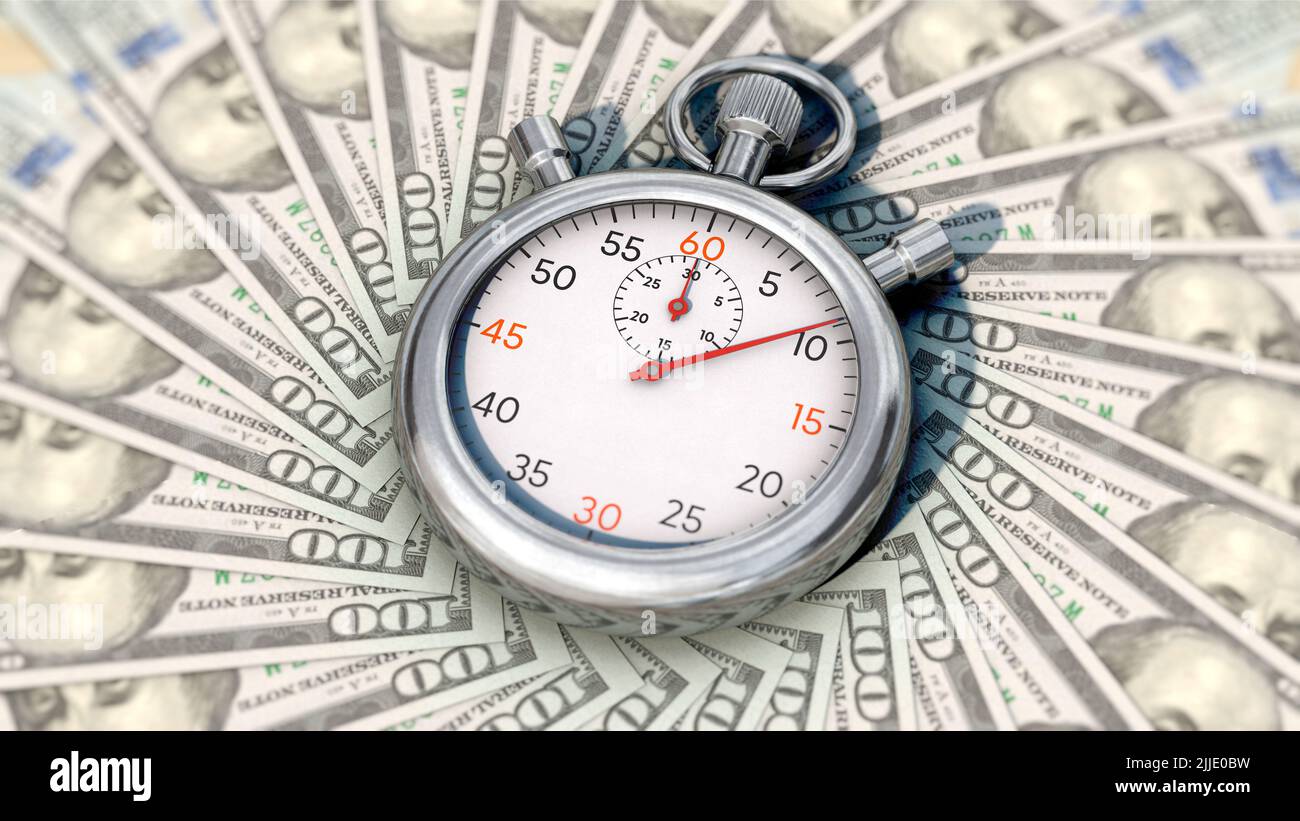 Time is money Stopwatch on 100 US dollar bills Stock Photo Alamy