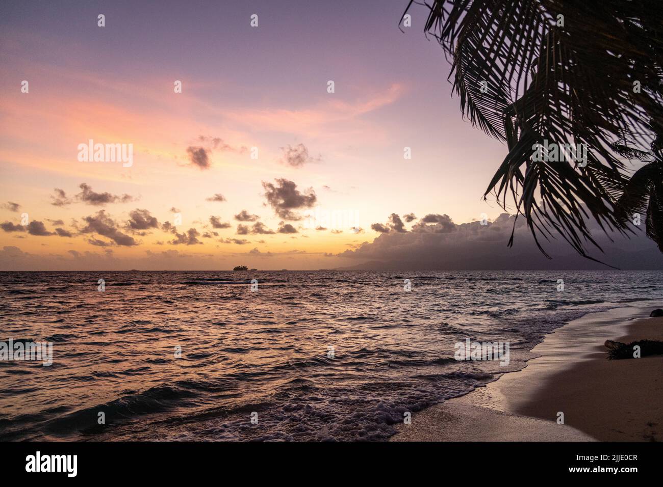 Sunset on an island in the San Blas Islands in Panama Stock Photo