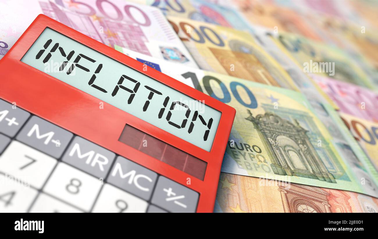 Calculator with the word 'inflation' lies on euro bills Stock Photo