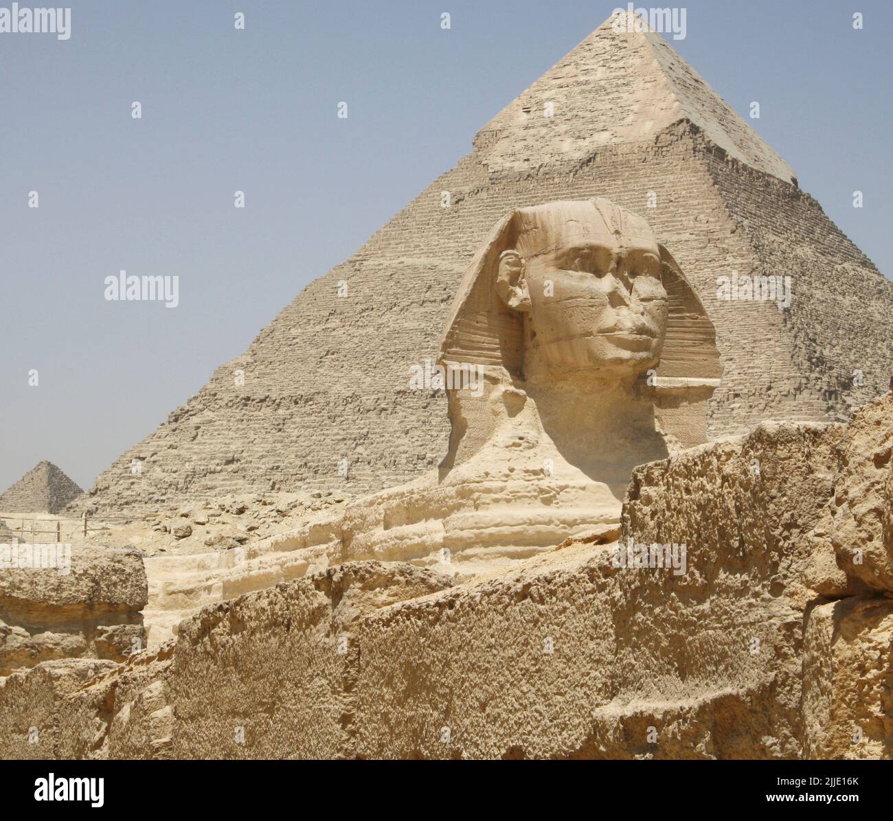 SPHINX AND PYRAMID IN GIZA VALLEY Stock Photo