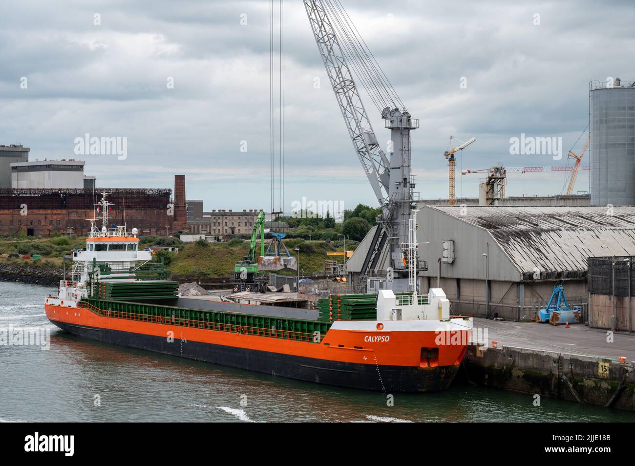 Dublin, Ireland- July 7, 2022: Cargo getting unloaded off a ship in Dublin Port Stock Photo