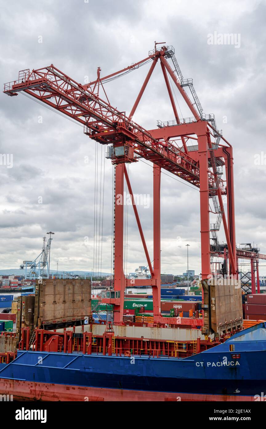 Dublin, Ireland- July 7, 2022: A shipping container crane in Dublin Port Stock Photo