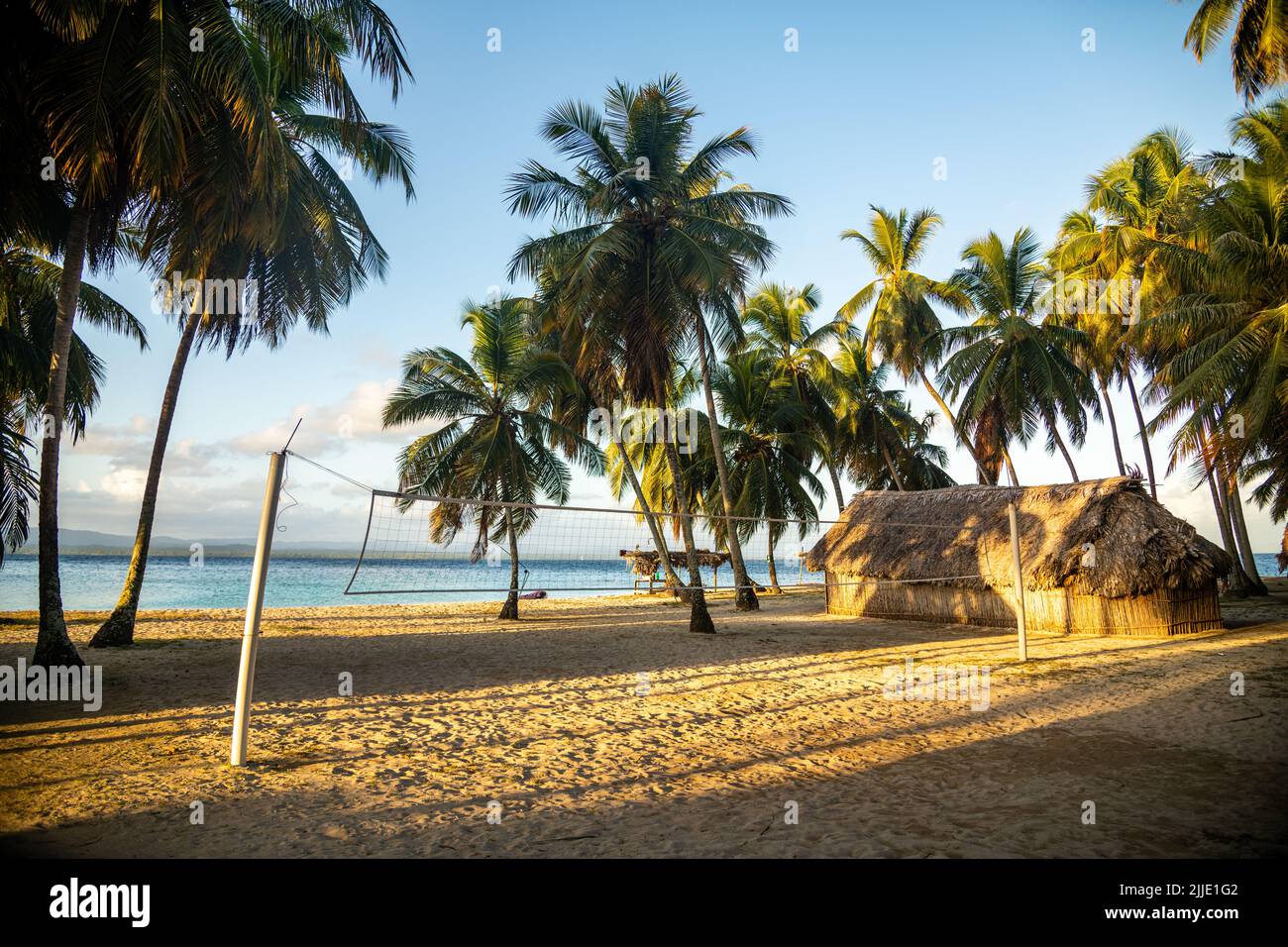 An empty volleyball court on an island in the San Blas Islands in Panama Stock Photo