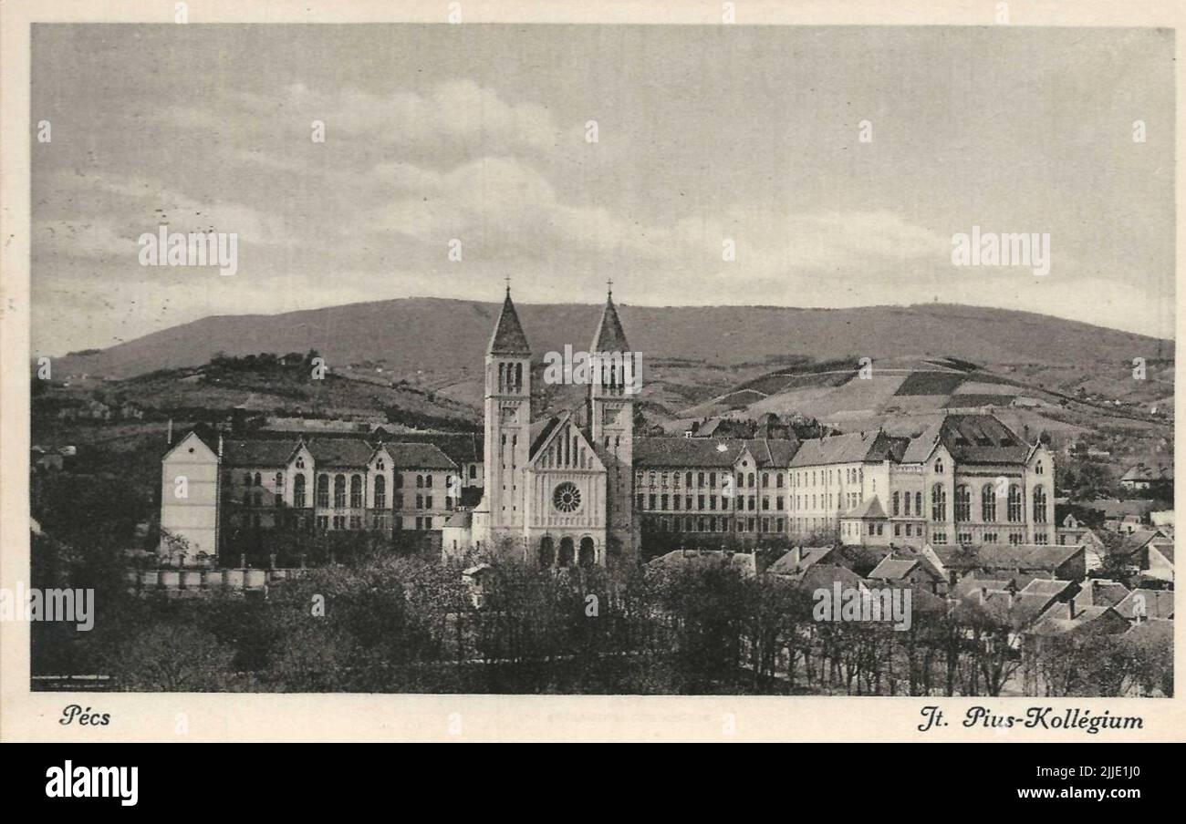 Jt. Pius college. Postcards from the 1930s. The Local History Collection of Csorba Gyz Könyvtár Library has been collecting photos and postcards related to Baranya County since January 1966. According to the data updated on 1st February 2016, the collection consists of 11,565 copies. As the result of the digitisation project that started in 2012, the Collection includes about 59,000 black-and-white and coloured records of different sizes and types, which are searchable through the electronic catalogue. Stock Photo