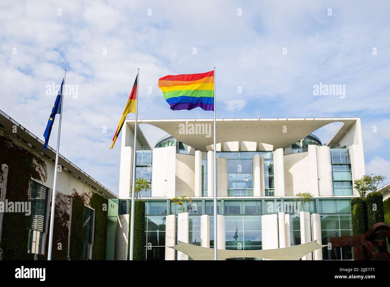 Berlin, Germany. 23rd July, 2022. The rainbow flag flew in front of the Federal Chancellery on the occasion of the Christopher Street Day (CSD) in Berlin. Credit: Christoph Soeder/dpa/Alamy Live News Stock Photo