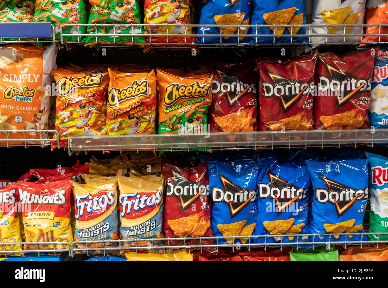 A display of tasty Pepsico’s Frito-Lay brand Doritos and Cheetos chips and snacks in New York on Saturday, July 16, 2022. (© Richard B. Levine) Stock Photo