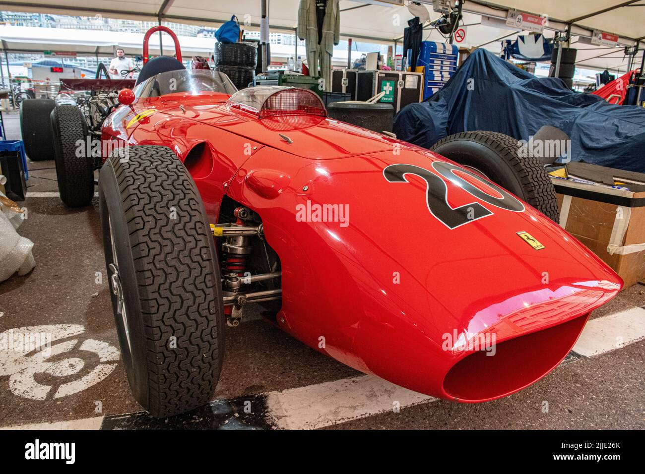 A 1950's Ferrari single seater in the pits of the historic Grand Prix ...