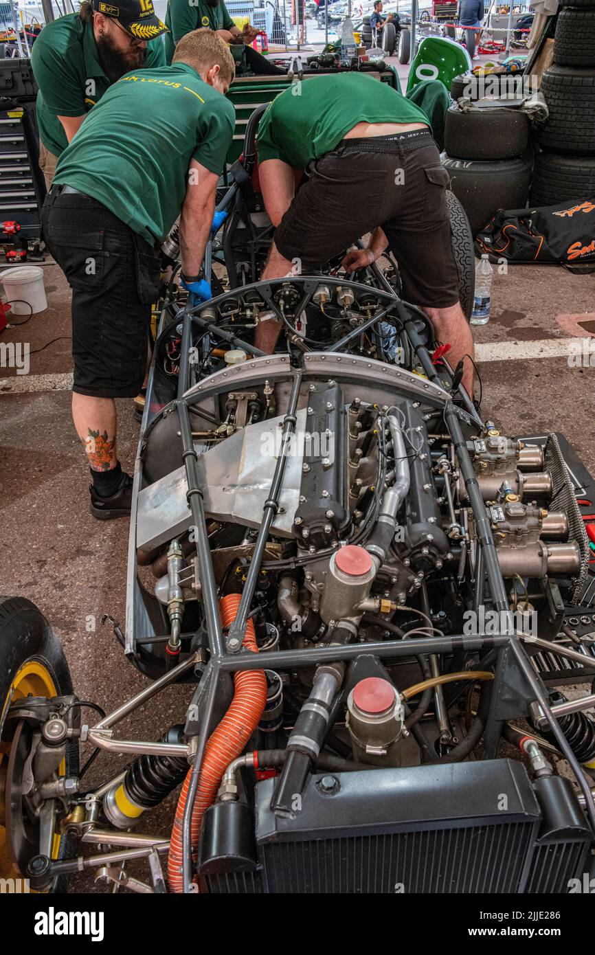 The famous green and yellow Lotus Formula 1 cars n the pits of the ...