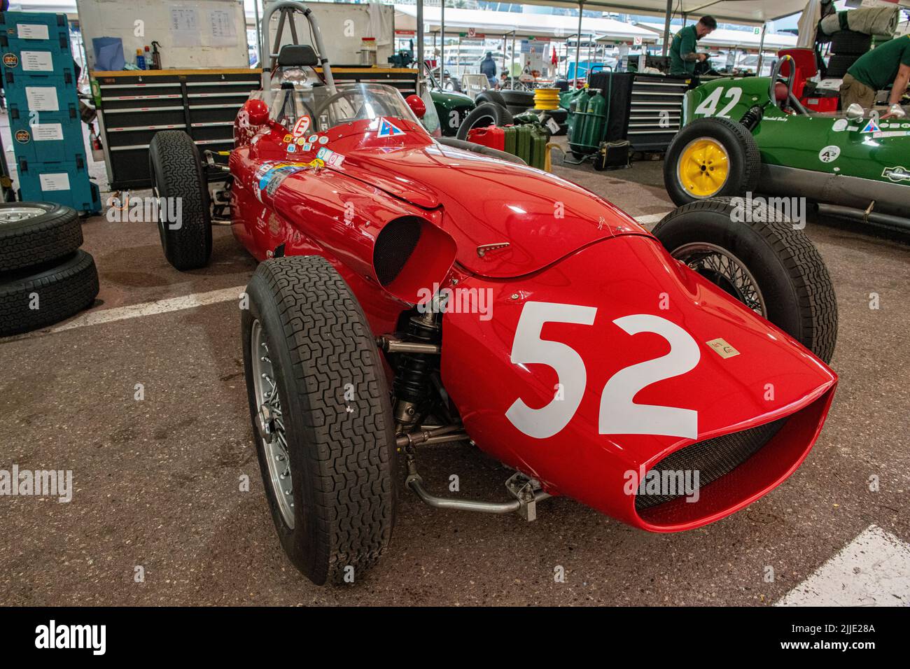 A 1950's Ferrari single seater in the pits of the historic Grand Prix in Monaco Stock Photo