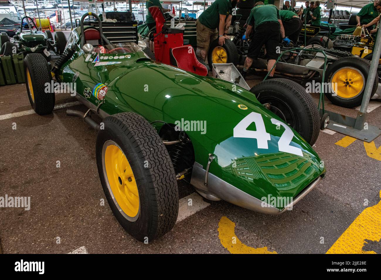 The famous green and yellow Lotus Formula 1 cars n the pits of the historic Grand Prix in Monaco Stock Photo