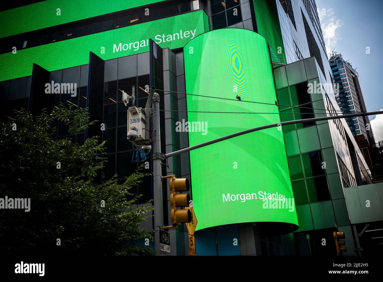 The Morgan Stanley building digital display on Thursday, July 14, 2022. Morgan Stanley second-quarter earnings missed analysts’ expectations. (© Richard B. Levine) Stock Photo