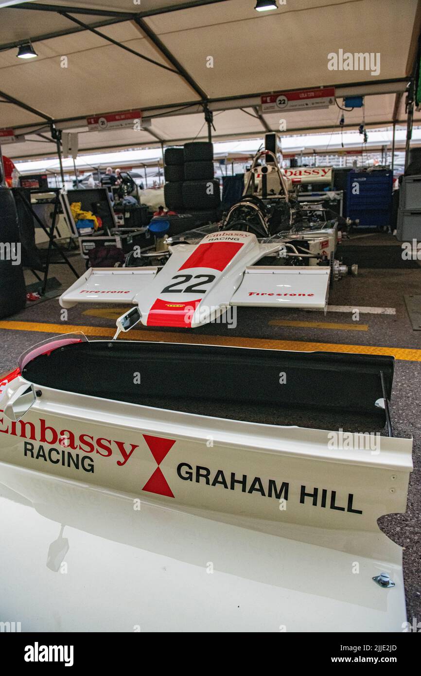 Embassy Hill car driven by Graham Hill in the pits of the historic Grand Prix in Monaco Stock Photo