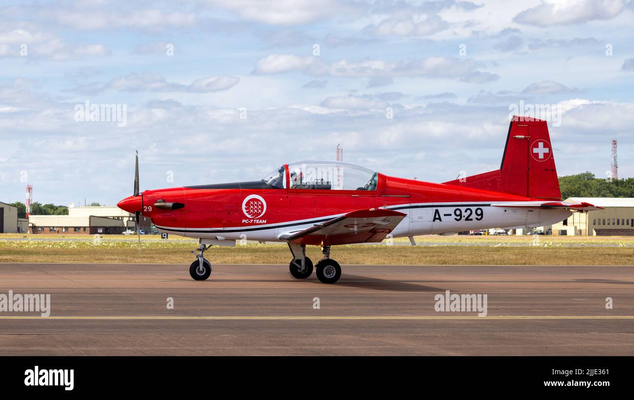 Pilatus PC-7 Turbo Trainer of the Swiss Air Force at RAF Fairford on the 14th July to take part in Royal International Air Tattoo 2022 Stock Photo