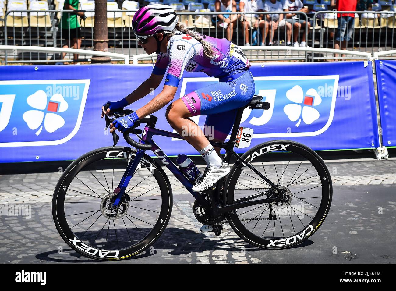 Paris, France - July 24, 2022, Urska ZIGART (Slovenia) of Team TEAM  BIKEEXCHANGE-JAYCO during the Tour de France Femmes avec Zwift, cycling  race stage 1, Paris Tour Eiffel - Champs-Elysees (81,7 Km)