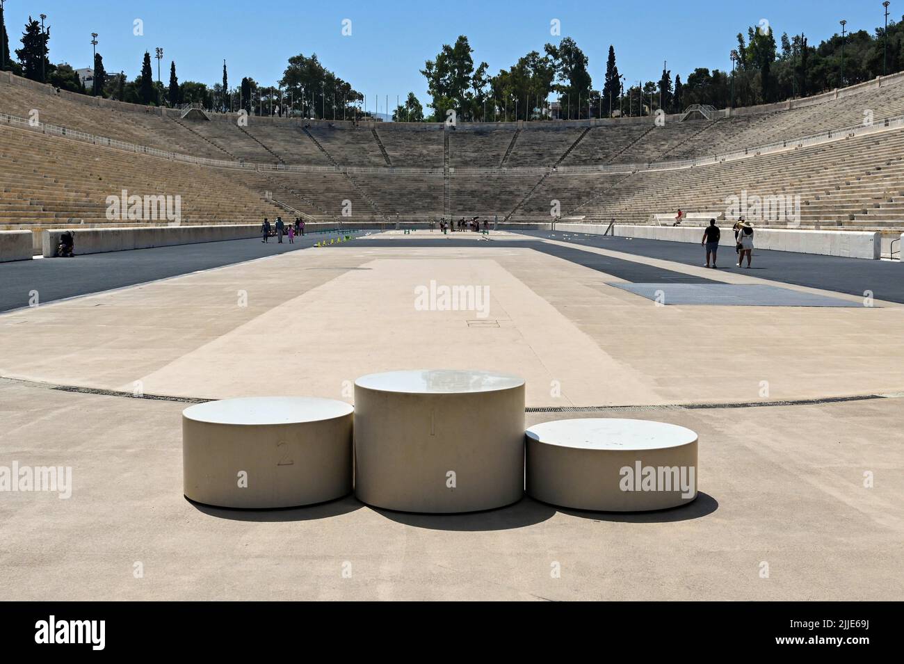Athens, Greece - May 2022: replica of winners podium at the city's historic Olympic Stadium Stock Photo