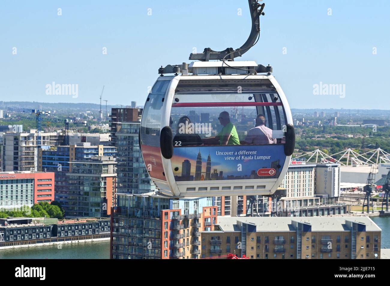 London, United Kingdom - June 2022: Close up of a gondola on the Emirates Skyline cable car, which connects the O2 in Greenwich with the Docklands Stock Photo