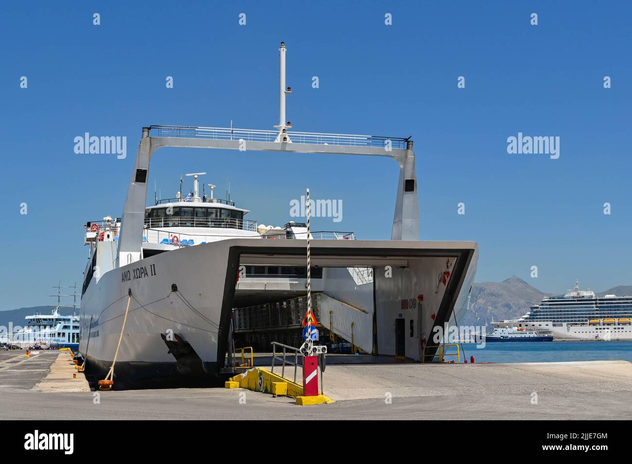 Corfu, Greece June 2022 Commercial car ferry with vehicle ramp