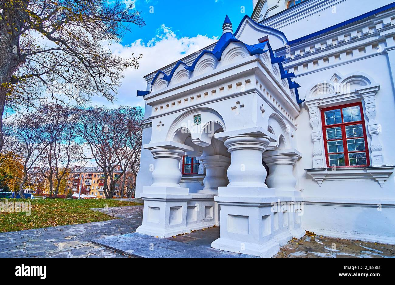The complex carved stucco porch of medieval building of Chernihiv Collegium, Chernihiv, Ukraine Stock Photo