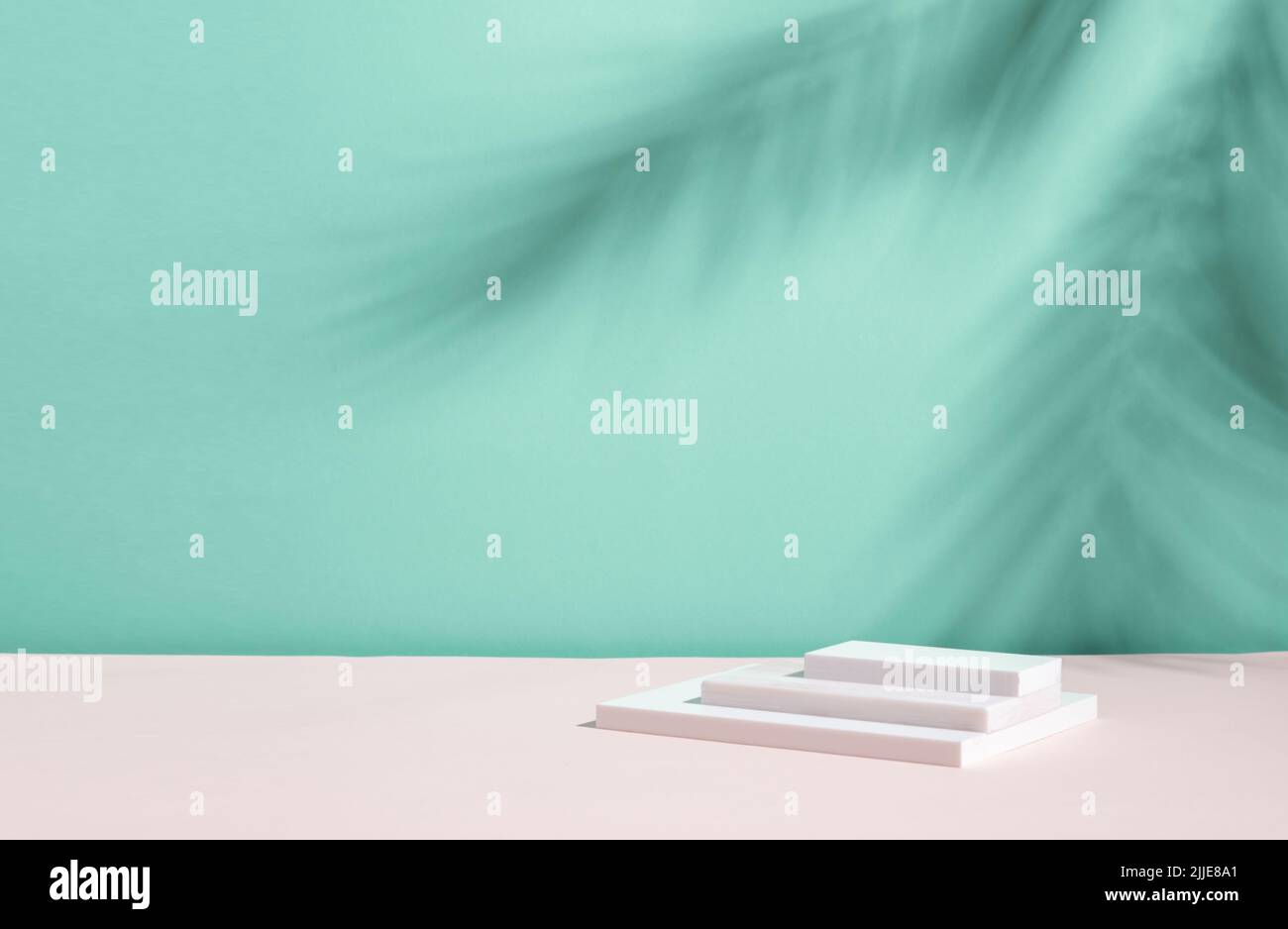 Abstract podium pedestal from white marble, blue menthol empty ...