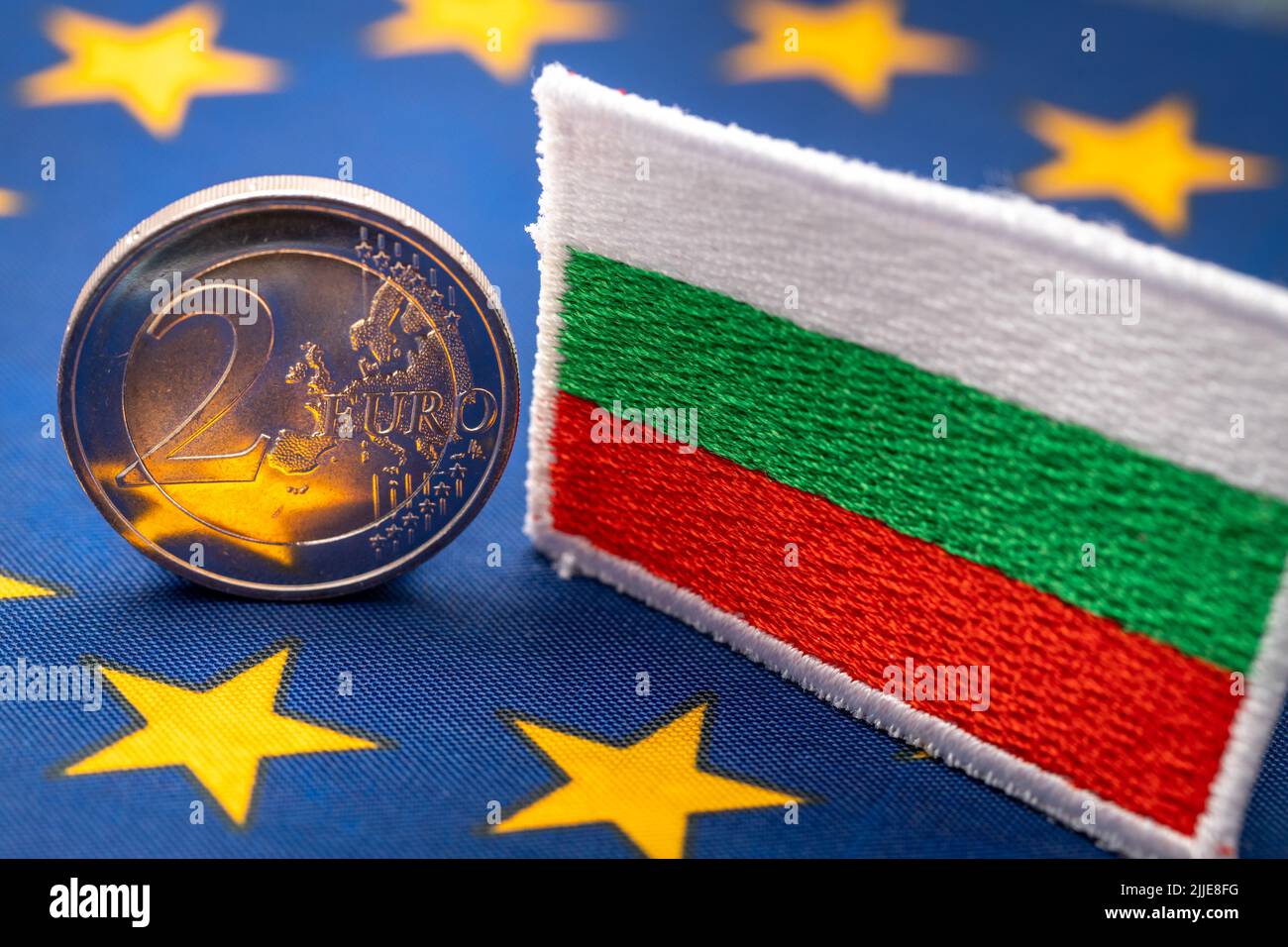 The flag of Bulgaria against the background of the single currency of the European Union, The concept of Bulgaria joining the Euro zone,  economic and Stock Photo
