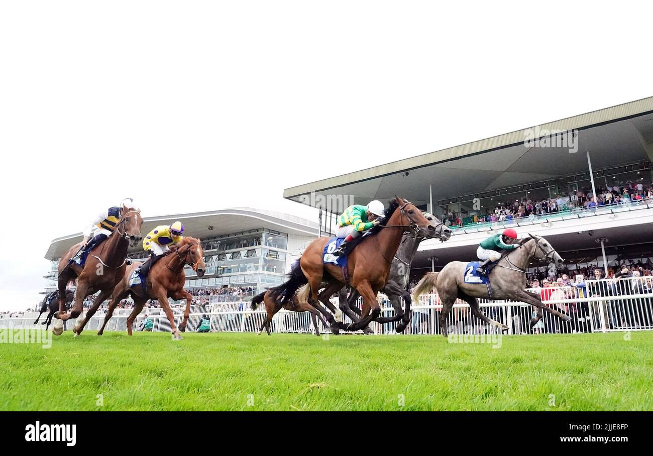 Irish Lullaby ridden by jockey Shane Foley (right) on their way to winning the Eventus Handicap during day one of the Galway Races Summer Festival 2022 at Galway Racecourse in County Galway, Republic of Ireland. Picture date: Monday July 25, 2022. Stock Photo