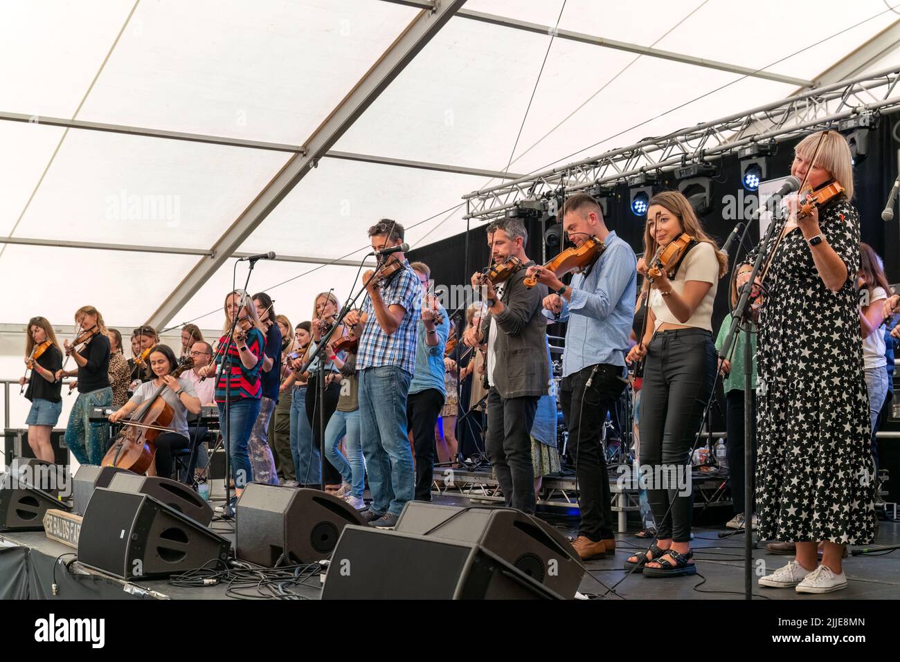 24 July 2022. Speyfest, Fochabers, Moray, Scotland. The festival’s fitting tribute to the event’s founder James M Alexander from the Auld and Young Fo Stock Photo