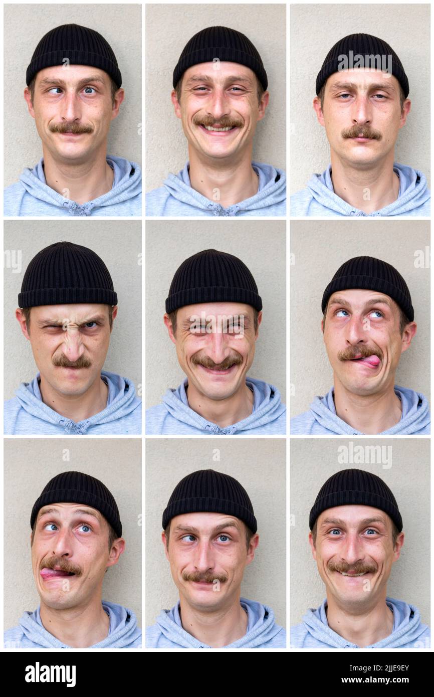 Composite of multiple portraits of the same man in different expressions. Happy, sad, angry, confused, smiling, crazy Stock Photo