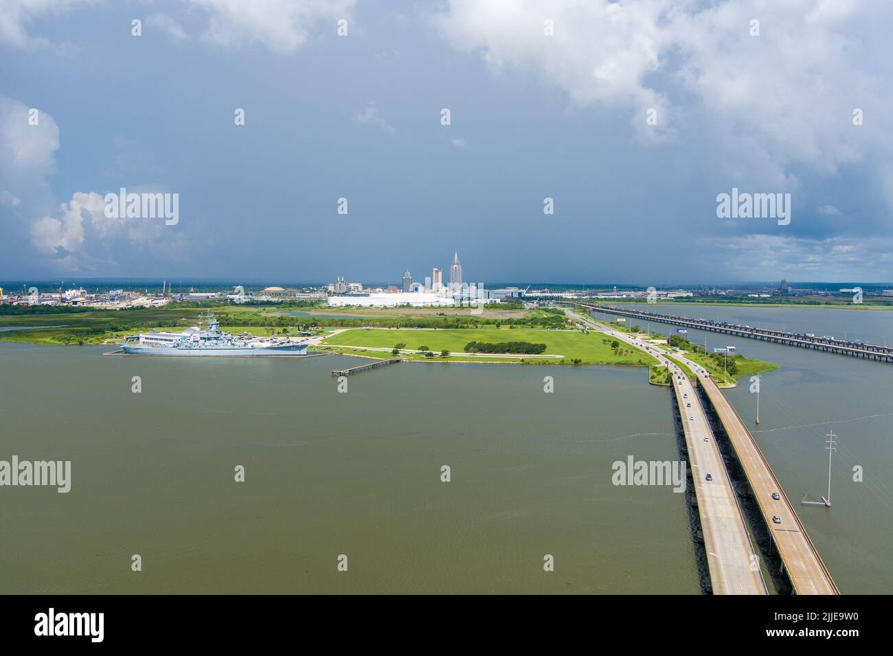 The downtown Mobile, Alabama skyline from above Mobile Bay Stock Photo
