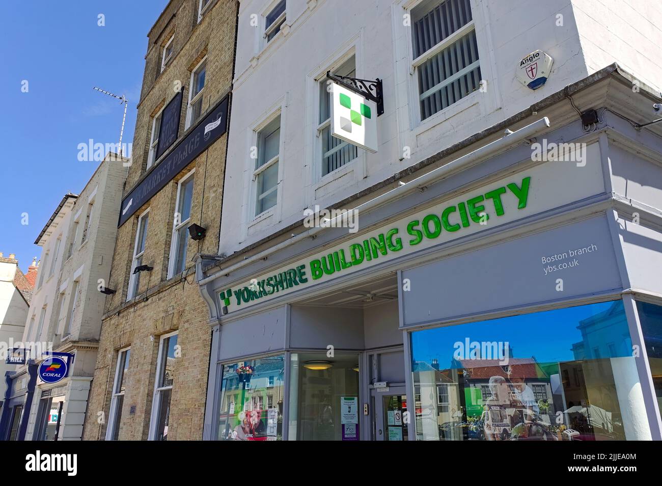 looking up at a Yorkshire Building Society branch in the town centre Stock Photo