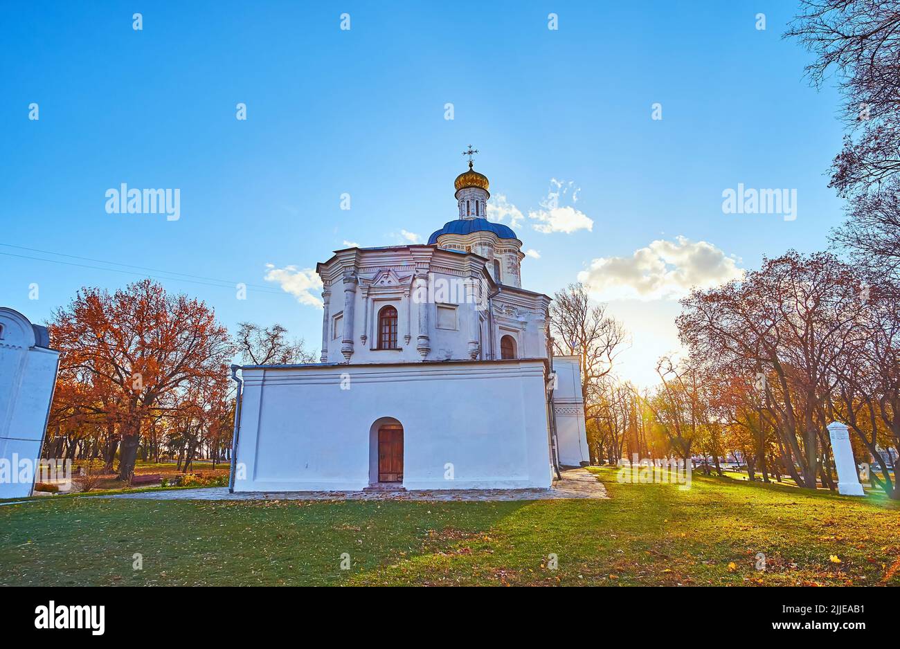 Historic building of Chernihiv Collegium in the scenic autumn Chernihiv Dytynets (Chernigov Citadel) Park on sunset, Chernihiv, Ukraine Stock Photo